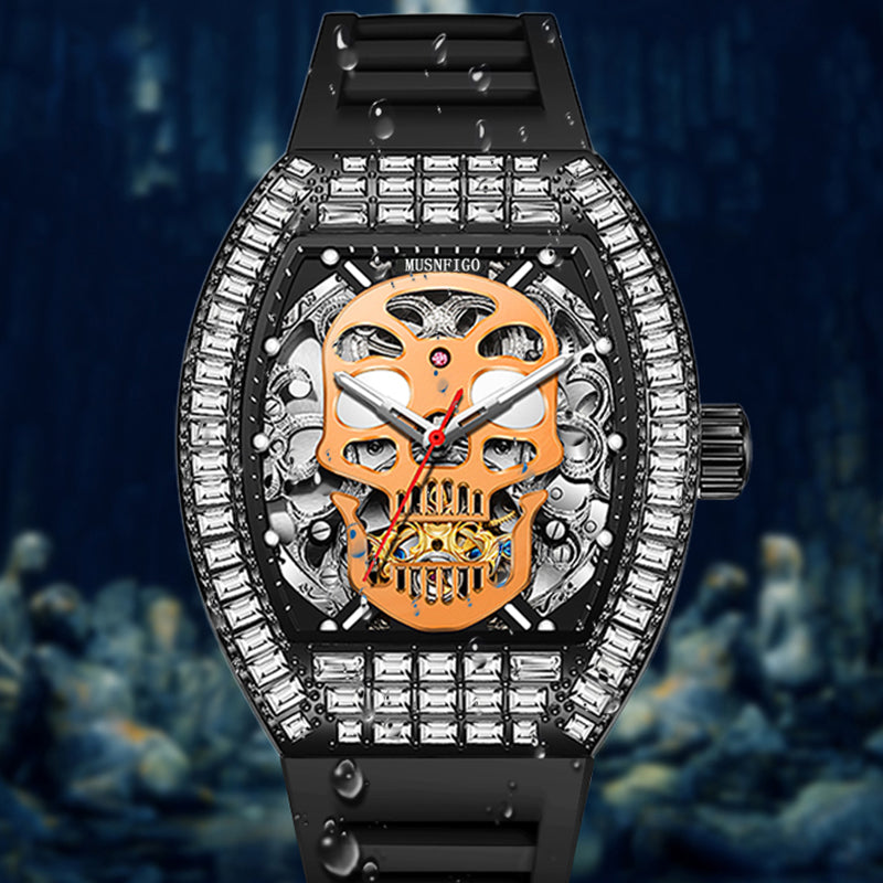 	close up of MF05 skull skeleton dial revealing automatic gears and skull motif - bold statement mechanical watch