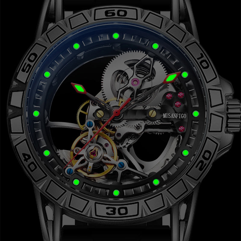 close up of MG04 skeleton dial revealing automatic gears - extra large mechanical dive watch design