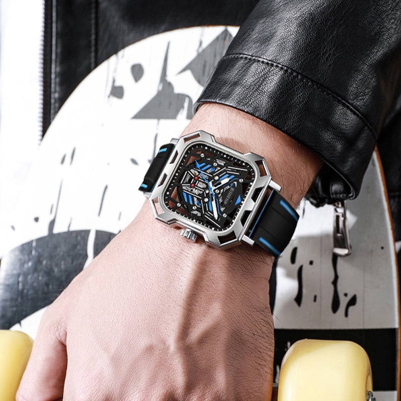 man wearing MUSANFIGO MF07 square skeleton watch - business casual outfit for daily wear