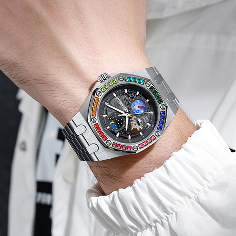 man wearing MUSANFIGO MG03 moon phase watch with business suit - elegant dress watch for formal occasions