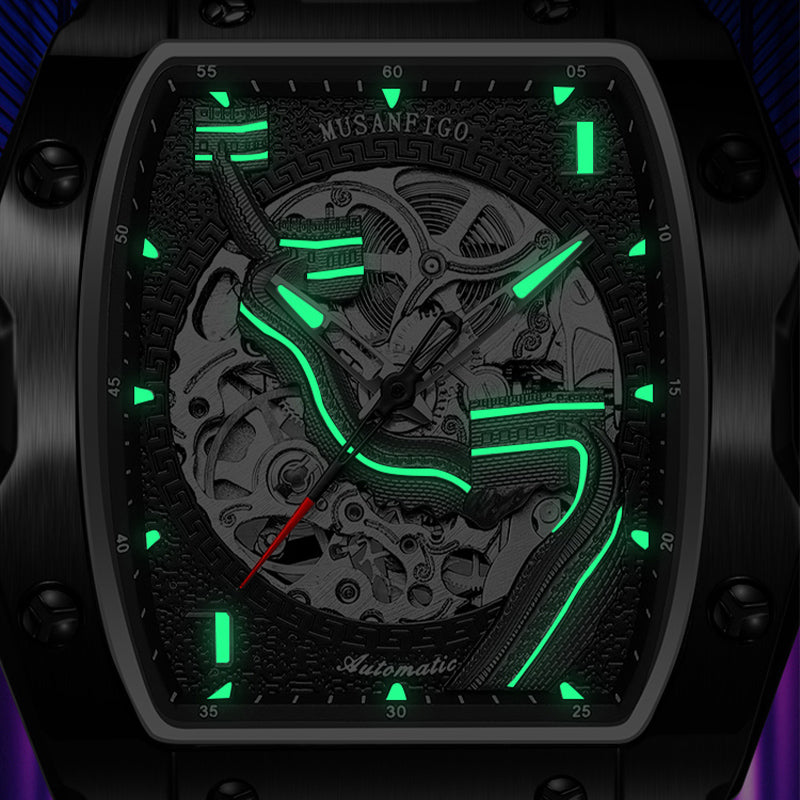 close up of MF03 skeleton dial revealing automatic gears - square-shaped mechanical sports watch