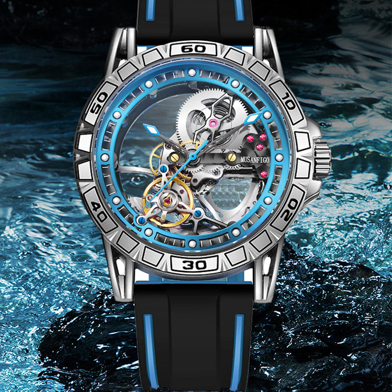 close up of MG04 skeleton dial revealing automatic gears - extra large mechanical dive watch design