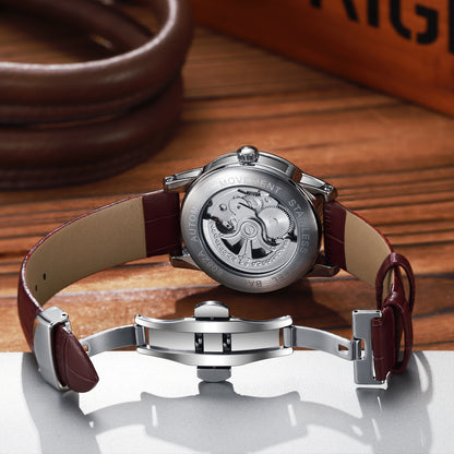 MUSANFIGO MG05 CATHEDRAL automatic watch case back showing 6082A automatic mechanical movement, stainless steel back