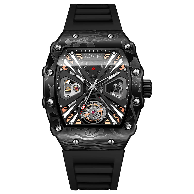 MUSANFIGO MF04 tonneau skeleton automatic watch for men - front view of large 2.2 inch case and exposed movement