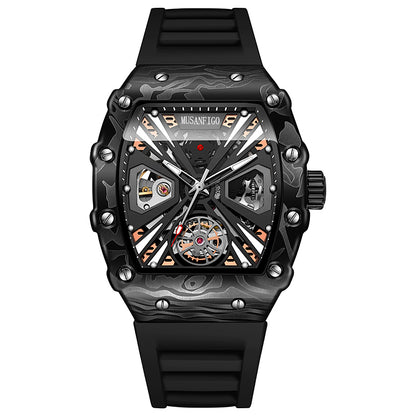 MUSANFIGO MF04 tonneau skeleton automatic watch for men - front view of large 2.2 inch case and exposed movement