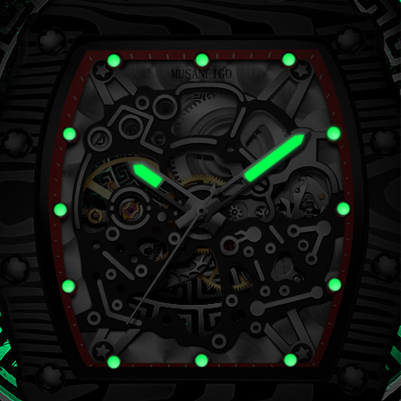 close up of MF06 skeleton dial revealing automatic gears - large tonneau-shaped mechanical sports watch