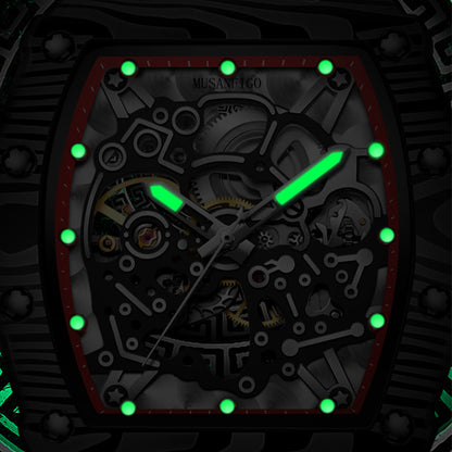 close up of MF06 skeleton dial revealing automatic gears - large tonneau-shaped mechanical sports watch