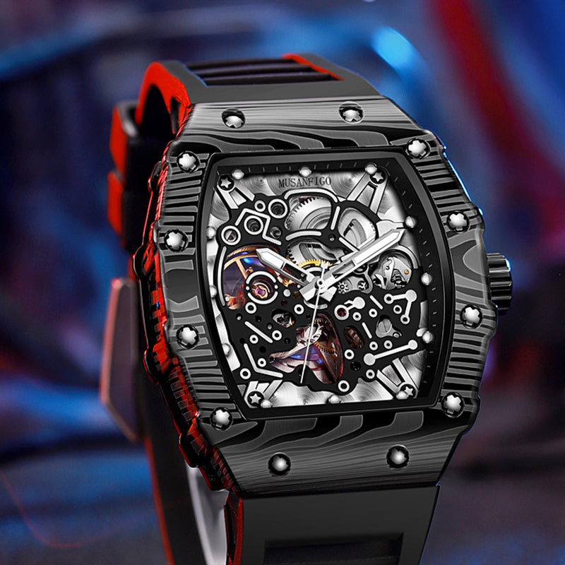 MUSANFIGO MF06 Tonneau Skeleton Watch – 2.16 Inch Large Automatic Mechanical Timepiece for Men, Carbon Fiber Pattern, Silicone Strap