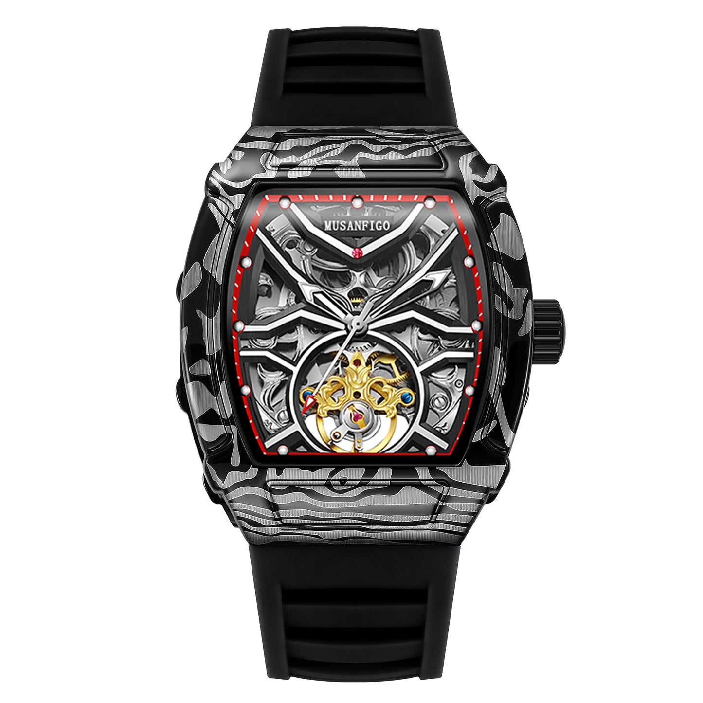 MUSANFIGO Tonneau Automatic Skeleton Watch MF02 – Barrel-Shaped Mechanical Timepiece for Men, Silicone Strap