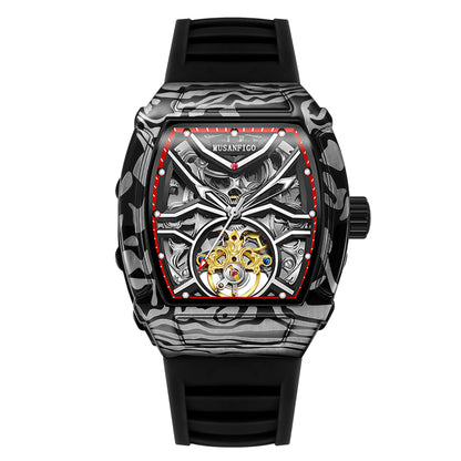 MUSANFIGO Tonneau Automatic Skeleton Watch MF02 – Barrel-Shaped Mechanical Timepiece for Men, Silicone Strap