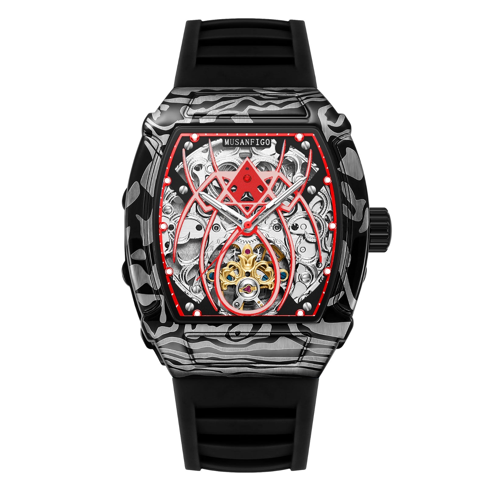MUSANFIGO MF01 tonneau skeleton automatic watch for men - front view of exposed mechanical movement