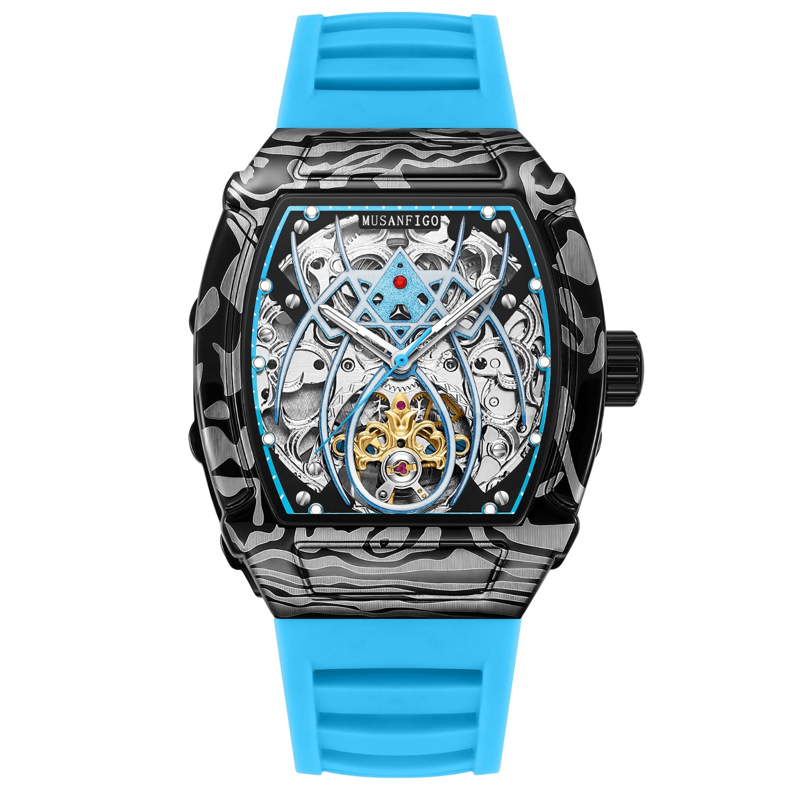 MUSANFIGO MF01 tonneau skeleton automatic watch for men - front view of exposed mechanical movement