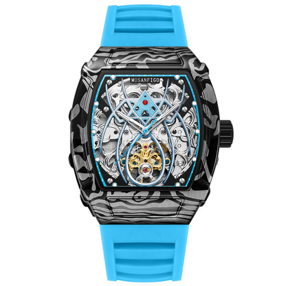 MUSANFIGO MF01 tonneau skeleton automatic watch for men - front view of exposed mechanical movement