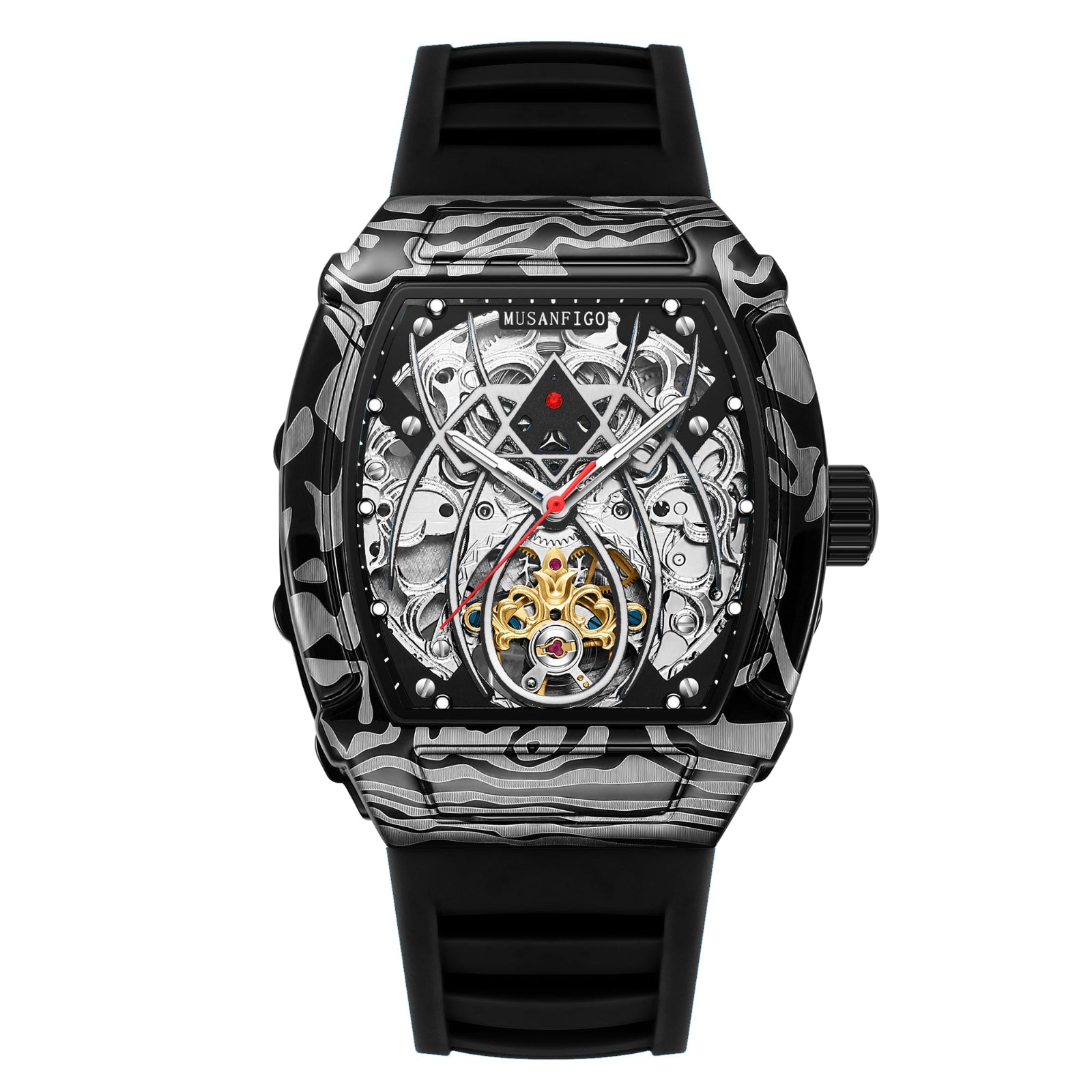 MUSANFIGO MF01 tonneau skeleton automatic watch for men - front view of exposed mechanical movement