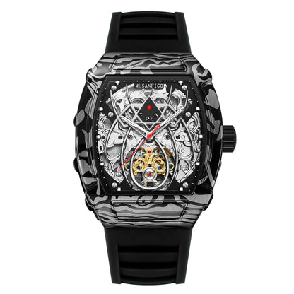 MUSANFIGO MF01 tonneau skeleton automatic watch for men - front view of exposed mechanical movement