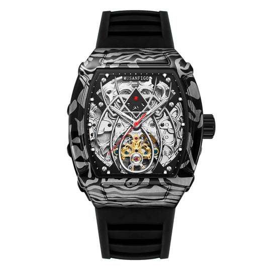 MUSANFIGO MF01 tonneau skeleton automatic watch for men - front view of exposed mechanical movement