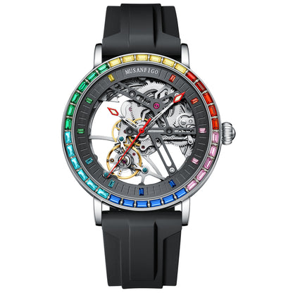 MUSANFIGO Round Automatic Skeleton Watch for Men MG01 – Rainbow Bezel Mechanical Timepiece, Stainless Steel Strap