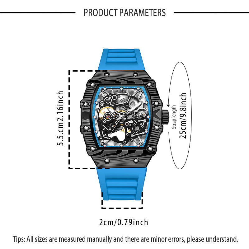 MUSANFIGO MF06 tonneau skeleton automatic watch dimensions - case length and width for 2.16 inch size