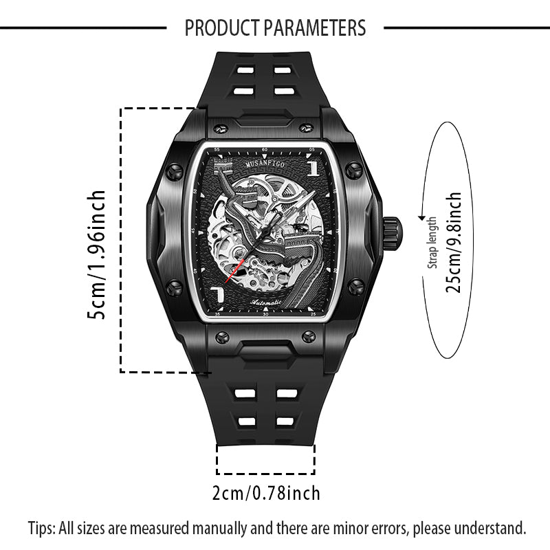 MUSANFIGO MF03 square skeleton automatic watch dimensions - case size 1.96 inches (50mm) width and length