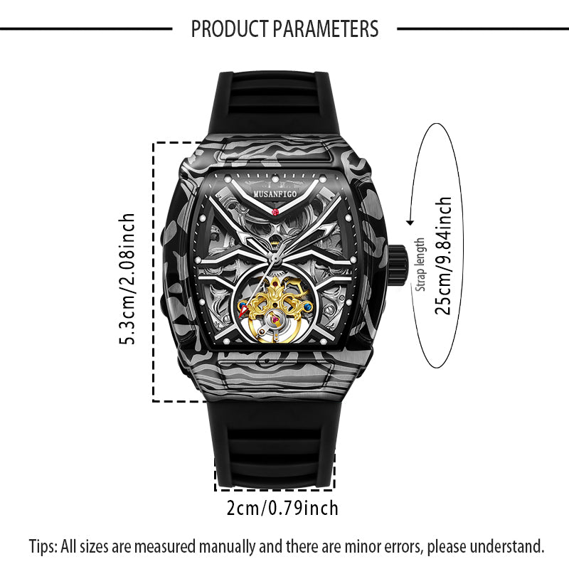 MUSANFIGO MF02 tonneau skeleton automatic watch dimensions - case length 5.3cm, width 4.25cm, thickness 1.4cm