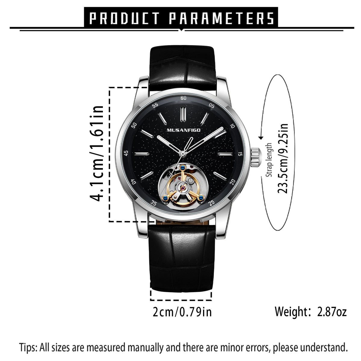 MUSANFIGO MG05 CATHEDRAL watch size diagram: 4.1cm case diameter, 23.5cm strap length, 2cm strap width, 2.87oz weight