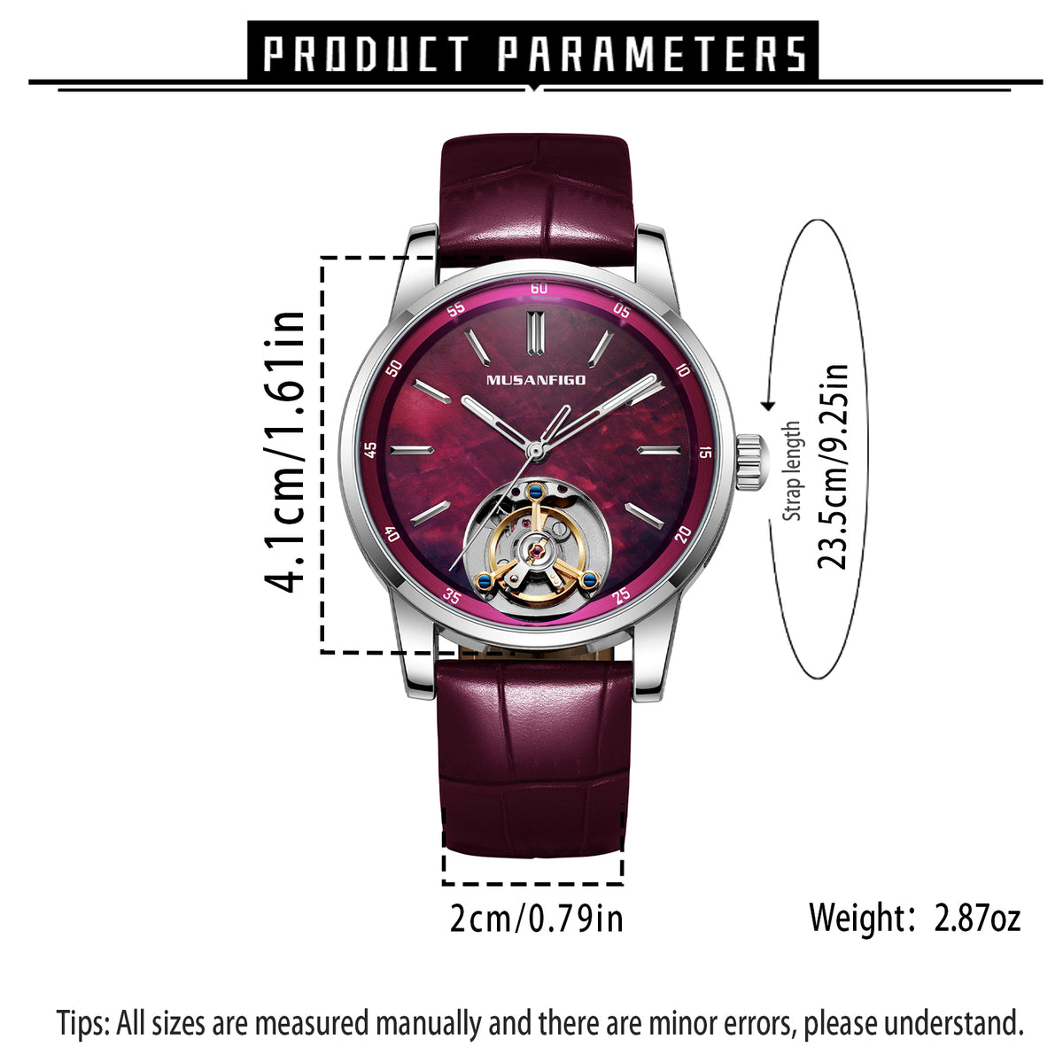 MUSANFIGO MG05 CATHEDRAL watch size diagram: 4.1cm case diameter, 23.5cm strap length, 2cm strap width, 2.87oz weight