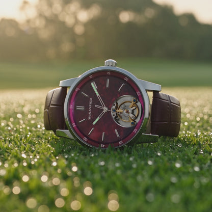 MUSANFIGO MG05 CATHEDRAL skeleton automatic watch, burgundy purple dial with open balance wheel at 6 o'clock, silver stainless steel case and burgundy leather strap
