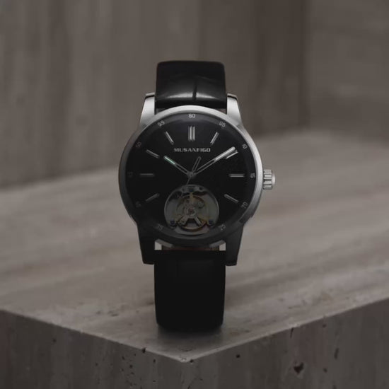MUSANFIGO MG05 CATHEDRAL skeleton automatic watch, black dial with open balance wheel at 6 o'clock, silver stainless steel case and black leather strap