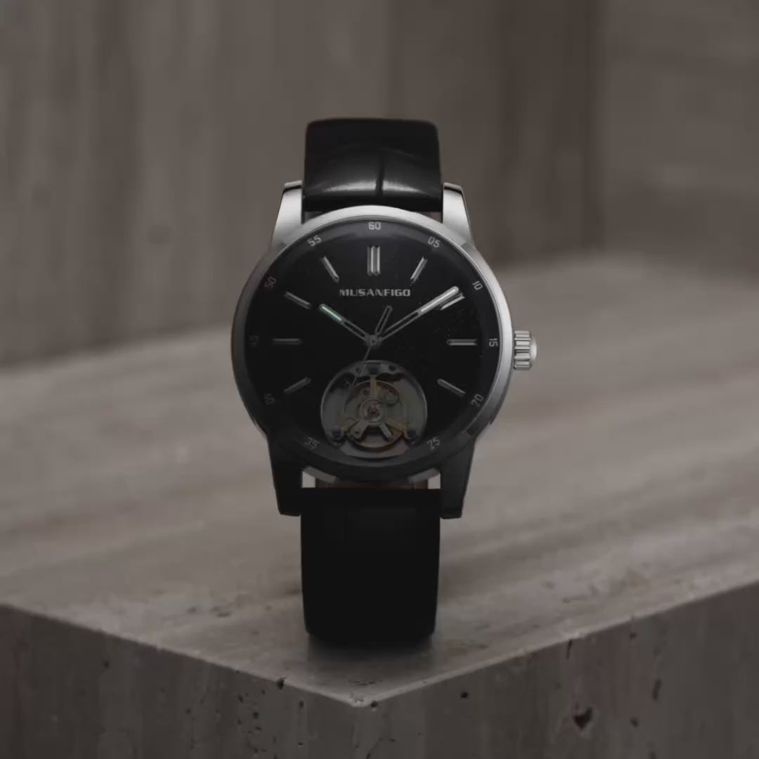 MUSANFIGO MG05 CATHEDRAL skeleton automatic watch, black dial with open balance wheel at 6 o'clock, silver stainless steel case and black leather strap