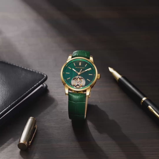 MUSANFIGO MG05 CATHEDRAL skeleton automatic watch, green dial with open balance wheel at 6 o'clock, gold stainless steel case and green leather strap