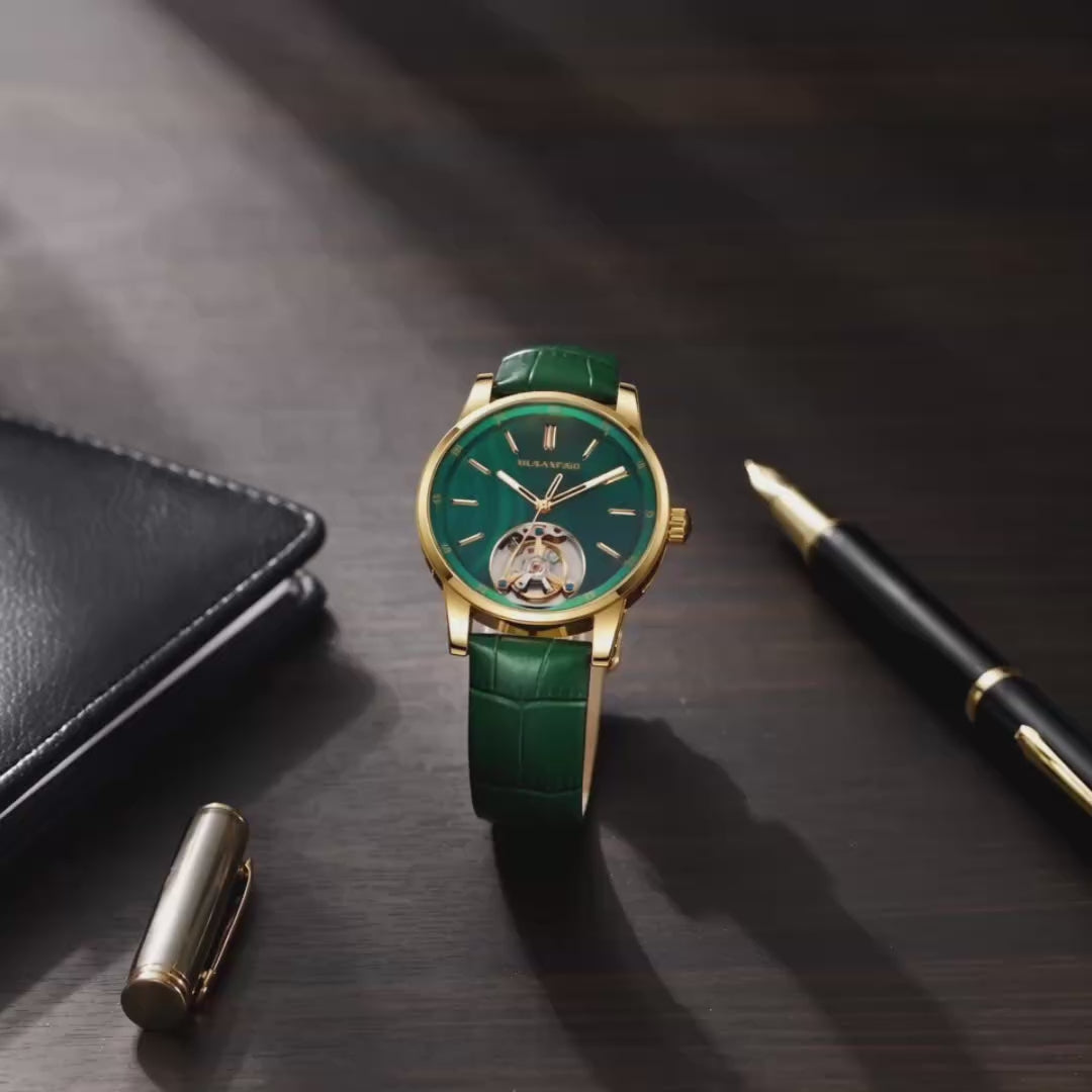 MUSANFIGO MG05 CATHEDRAL skeleton automatic watch, green dial with open balance wheel at 6 o'clock, gold stainless steel case and green leather strap
