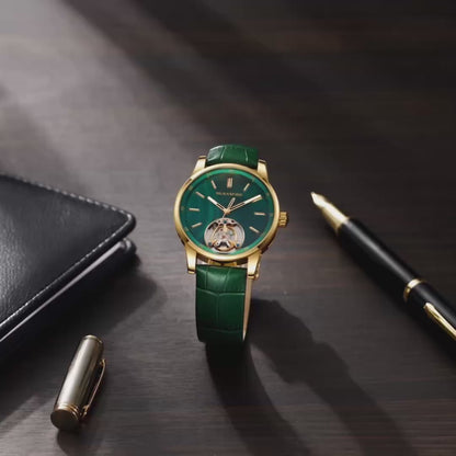 MUSANFIGO MG05 CATHEDRAL skeleton automatic watch, green dial with open balance wheel at 6 o'clock, gold stainless steel case and green leather strap