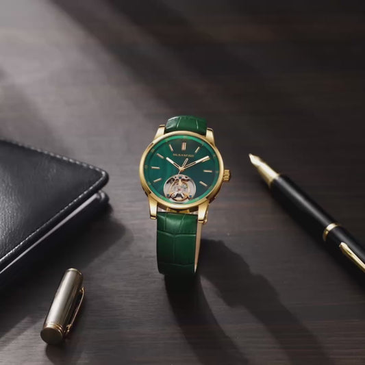 MUSANFIGO MG05 CATHEDRAL skeleton automatic watch, green dial with open balance wheel at 6 o'clock, gold stainless steel case and green leather strap